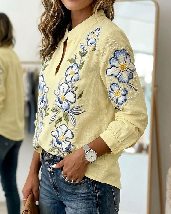 Bluse Mandarin Krave Lang Ærme Trykt