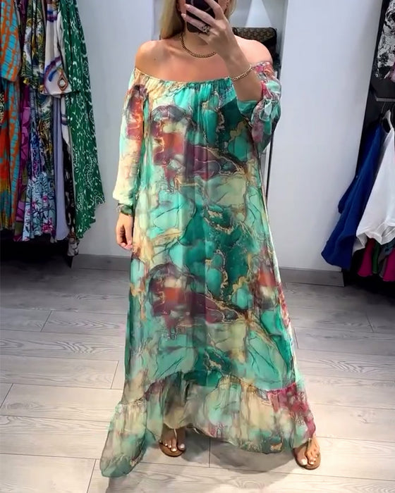 Off-shoulder kjole med blækprint i afslappet pasform