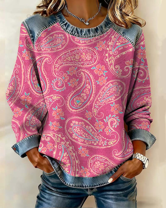 Stilfuld Sweatshirt Med Farveblokning Og Rund Halsudskæring