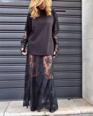 Todelt sæt - Sort top med blondeærmer og blondenederdel