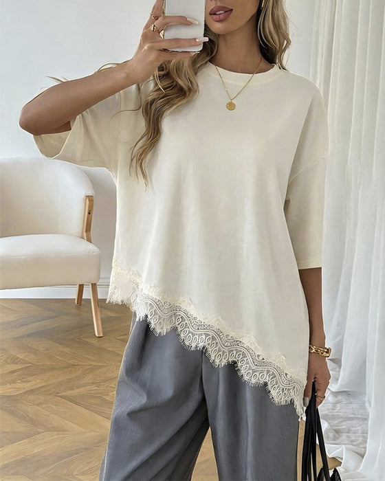 Bluse Asymmetrisk Blonde Sammensat Kant Korte Ærmer