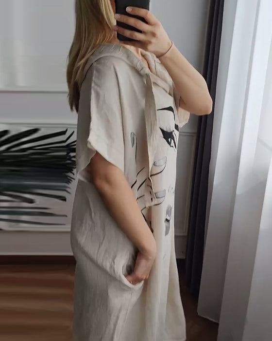 Kjole med Hætte Mønstret Løs Pasform