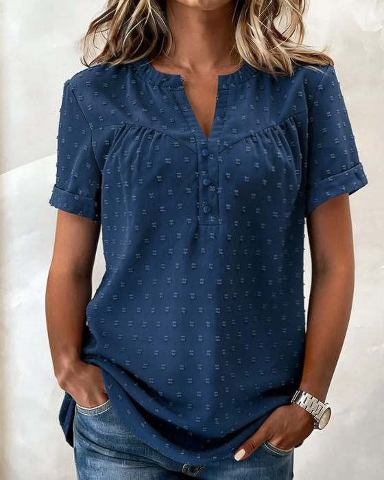 Bluse Jacquard V-Hals Halvlynge Kort Ærme