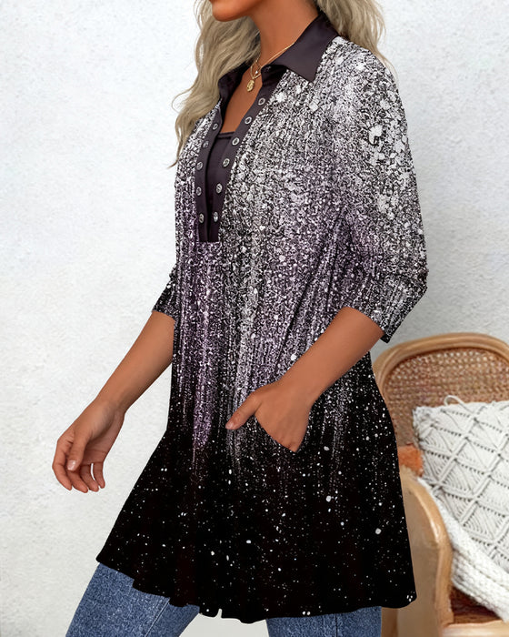 Langærmet Bluse Med Krave Og Tryk