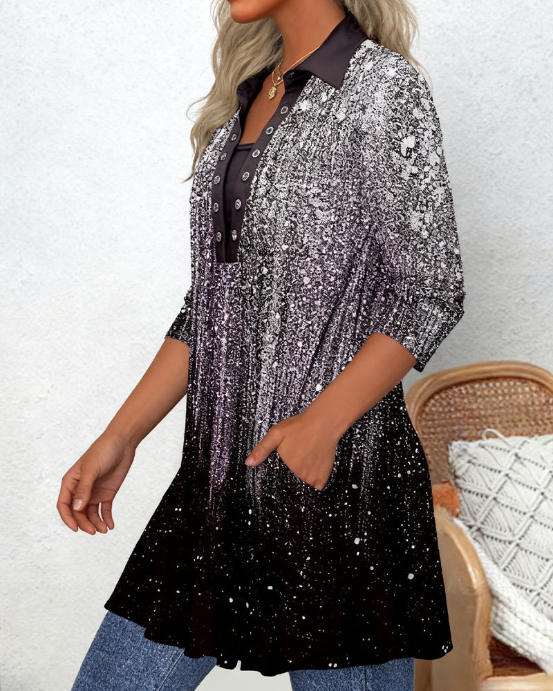 Langærmet Bluse Med Krave Og Tryk