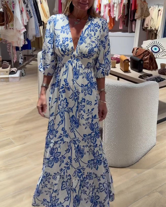 Kjole Dyb V-Hals Elegant Blomstret Lang