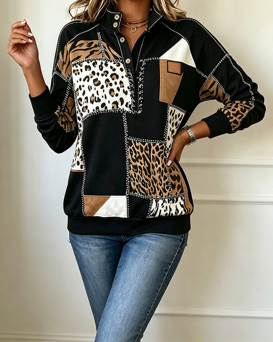 Sweatshirt Leopard Patchwork Stående Krave