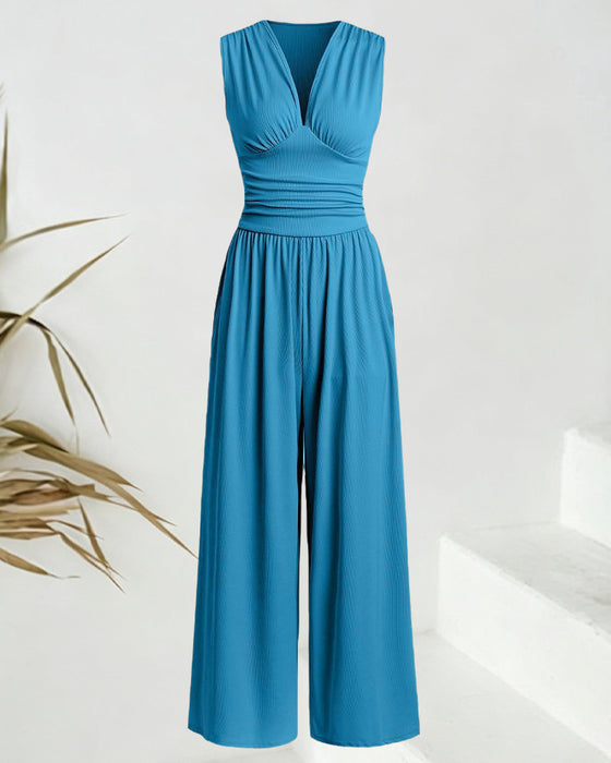 Jumpsuit Ensfarvet Ribbet Ærmeløs