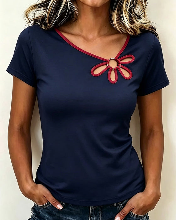 T-Shirt Blomstret Udskæring Kort Ærme