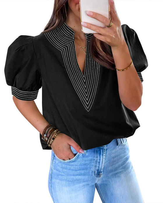Bluse V-Hals Bobble Ærme Stribet