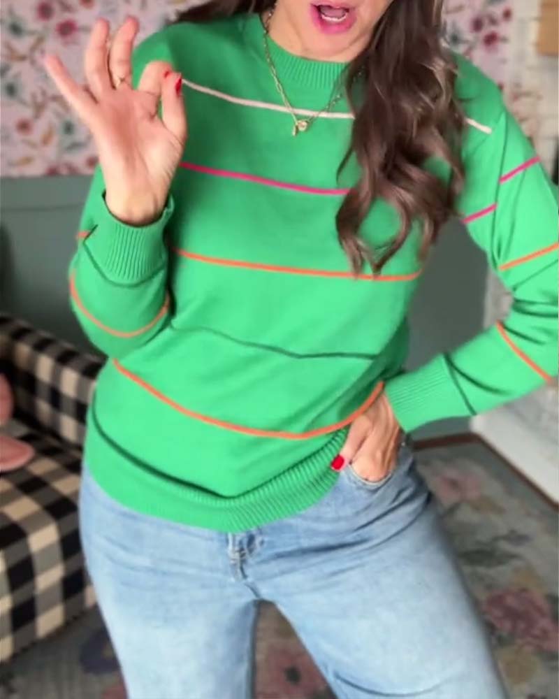 Pullover med rund hals og striber, afslappet