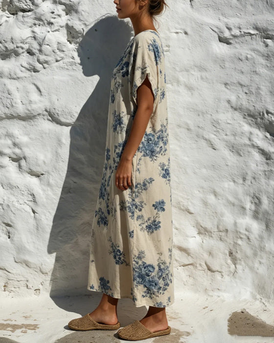 Kjole Rund Hals Vintage Blå Floral