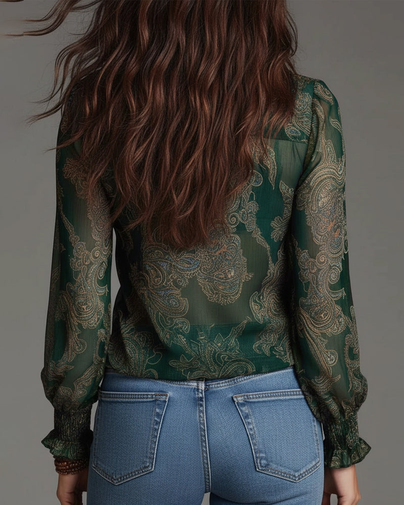 Bluse Halvlås Rynke Retro