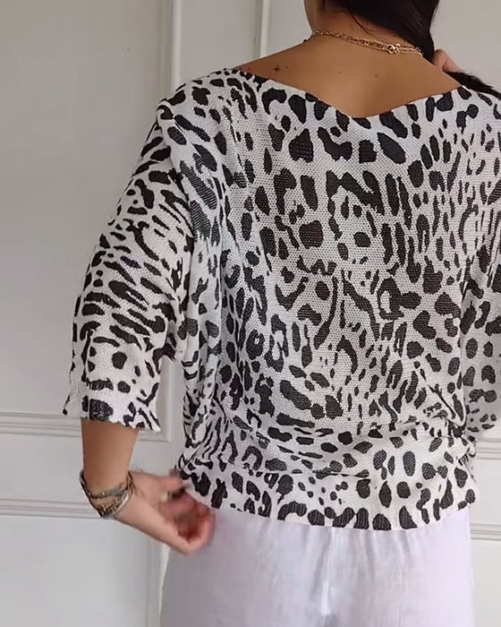 Sweater Trekvartærme Leopardprint Løstsiddende