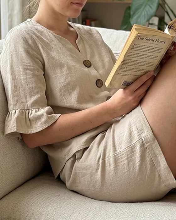 Set Ruffle Knap Kort Ærme Shorts