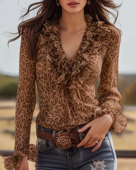Bluse Rynket V-Hals Leopardtryk