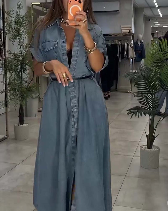 Kjole Skjorte Krave Lomme Knap Denim
