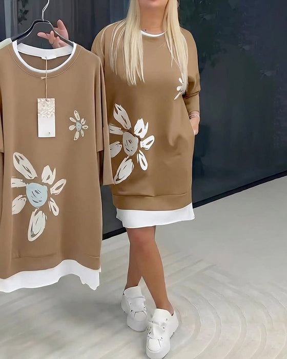 Sweatshirtkjole Rund Hals Trykt Patchwork