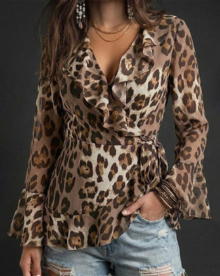 Bluse V-Hals Ruffle Leopard