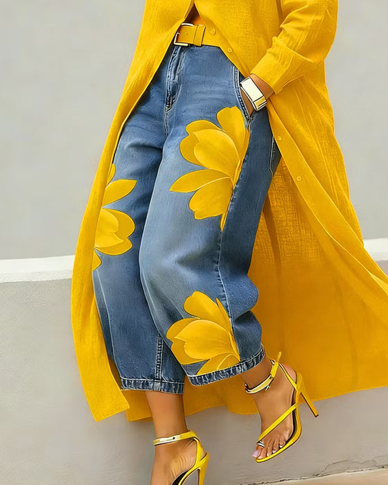 Blomstertrykte Jeans Kortskåret Bredbenet