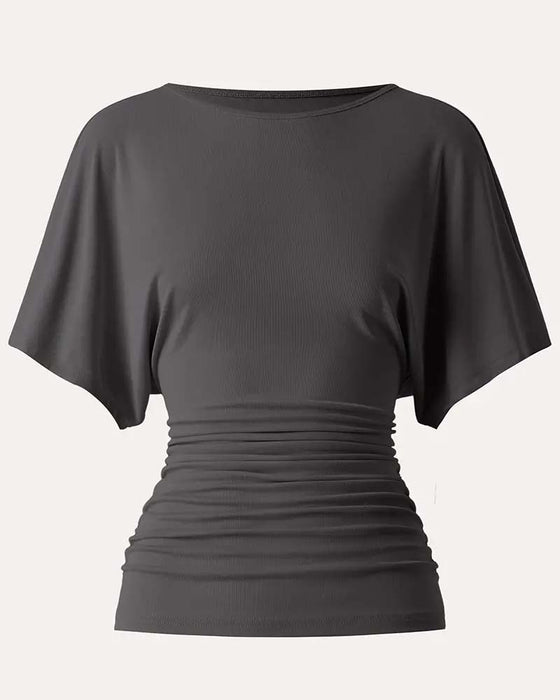 Bluse Casual Ensfarvet Plisseret Kort Ærme