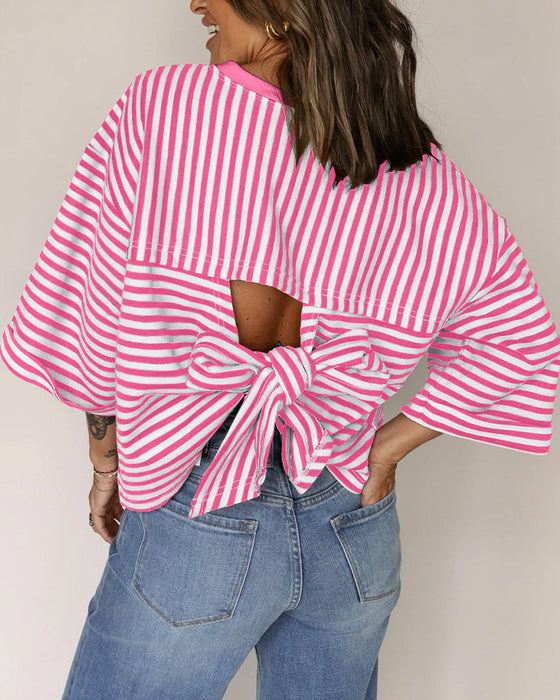 T-Shirt Rund Hals Ryg Hul Sløjfe Stribet