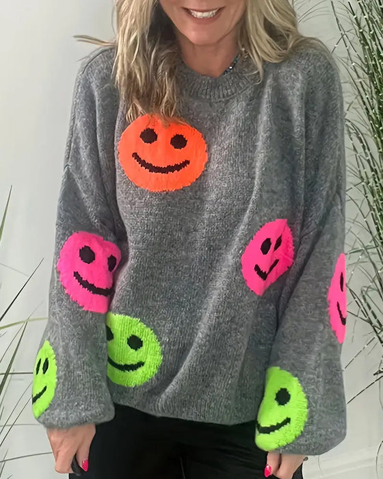 Sweater Med Smiley Og Rund Hals