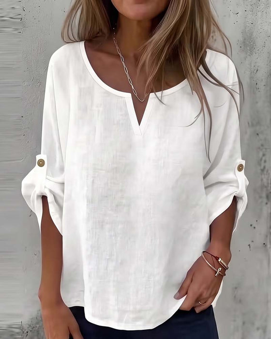 Bluse Ensfarvet Casual Knap
