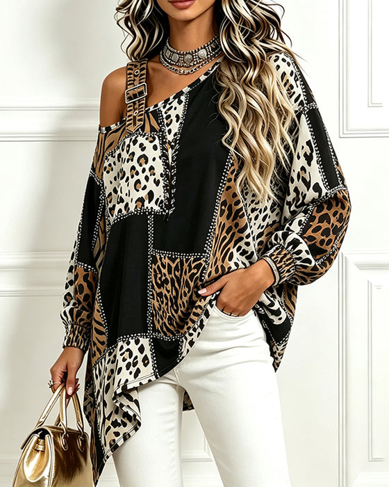 Bluse Leopard Tryk Patchwork Asymmetrisk Hals Lang Ærme