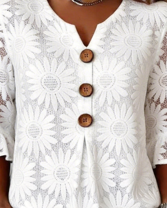 Bluse Med Rynket Tusindfrydmønster Og Rynkeærmer