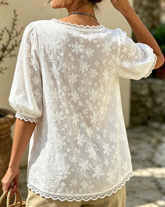 Bluse Med Firkantet Hals Puffærmer Jacquard