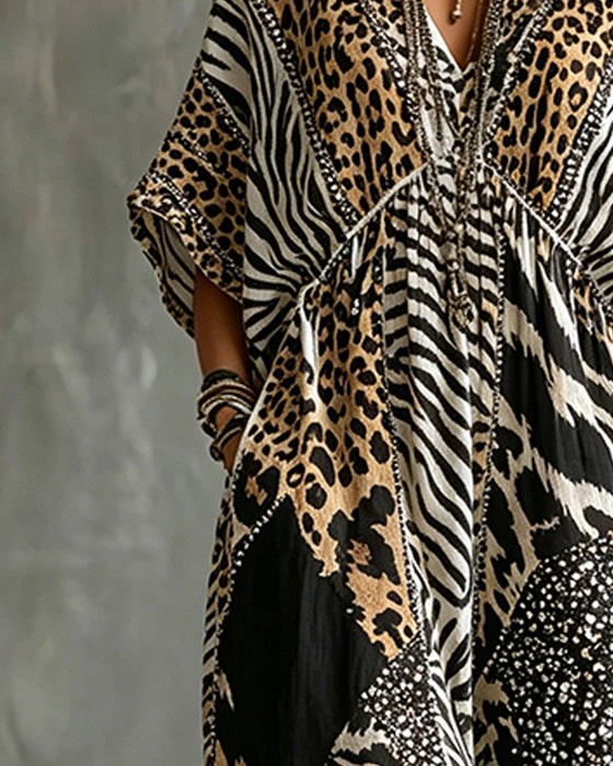 Kjole V-Hals Leopardprint Flagermusærme
