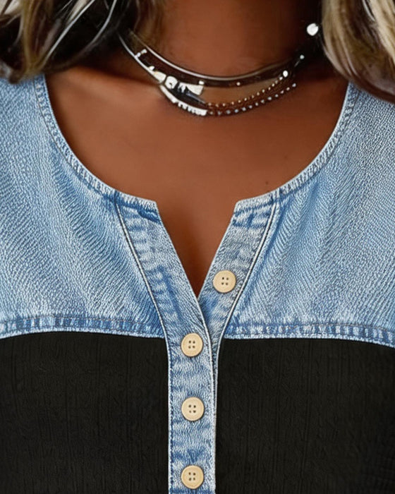 Bluse Denim Patchwork Kort Ærme