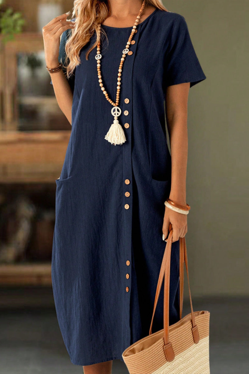 Kjole Knappet Kortærmet Lomme Shift