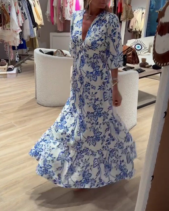 Kjole Dyb V-Hals Elegant Blomstret Lang