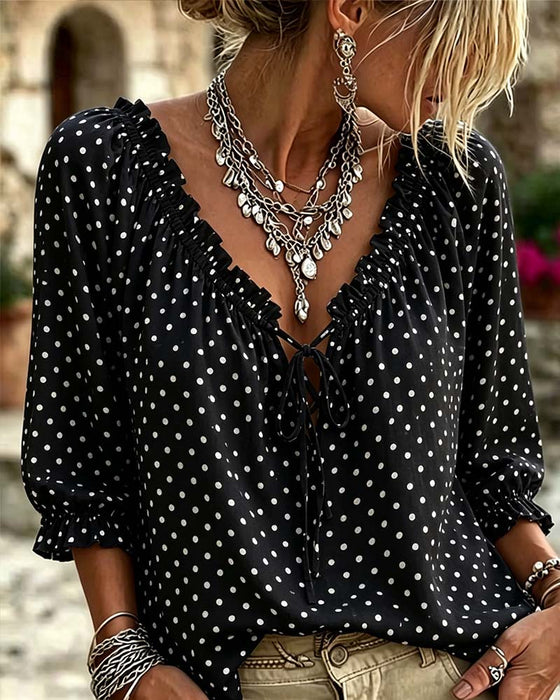 Bluse V-Hals Ruffle Polka Dot Bindebånd