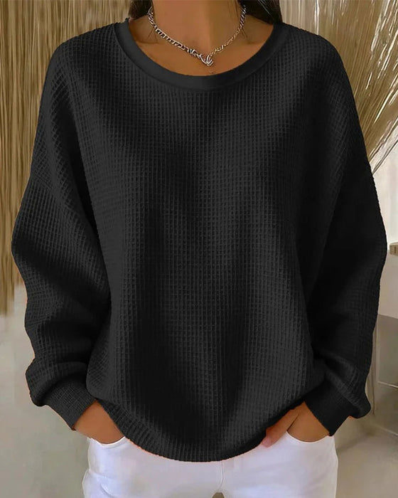 Sweatshirt Ensfarvet Vaffeltekstur Pullover