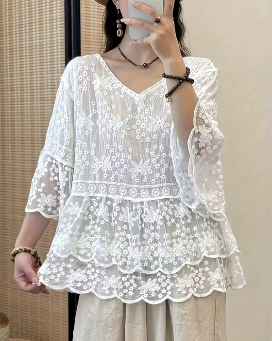 Bluse Kort Ærme Blonder Trim