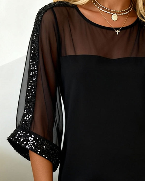 Kjole Glitter Paneleret Mesh Rund Hals