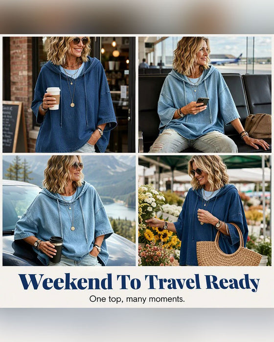 Hoodie Hætte Snor Albuelang Ærme Denim