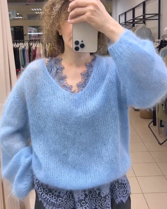 Pullover V-Hals Ensfarvet Patchwork
