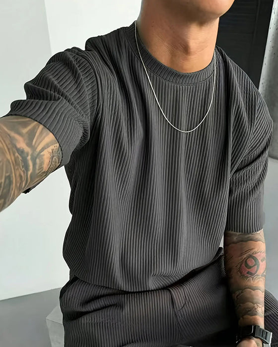T-Shirt Ribbet Høj Hals Casual Ensfarvet
