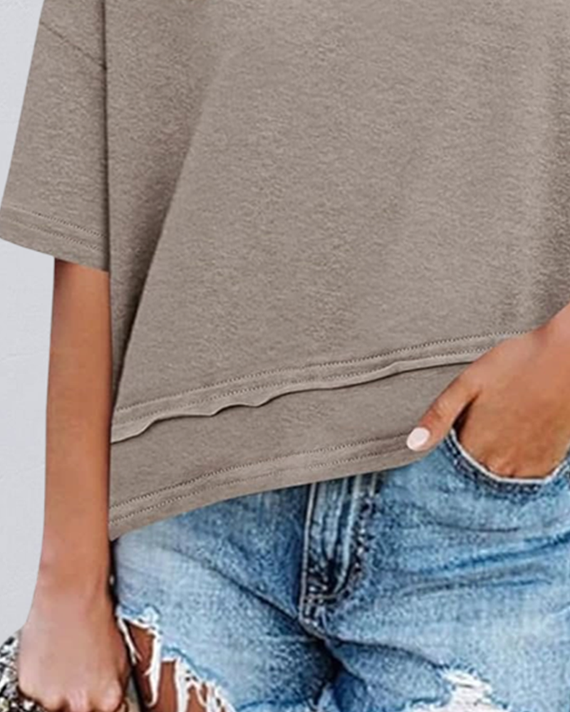 Bluse Ensfarvet V-Udskæring Patchwork Kant