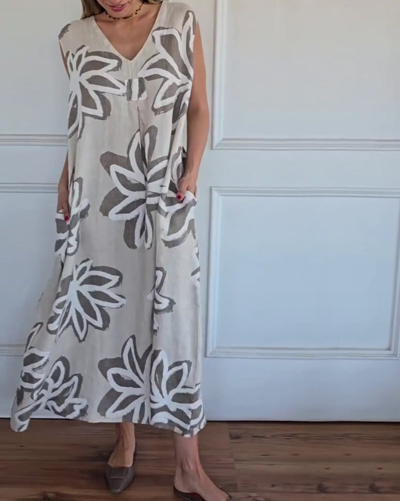 Kjole V-Hals Abstrakt Blomstret Ærmeløs