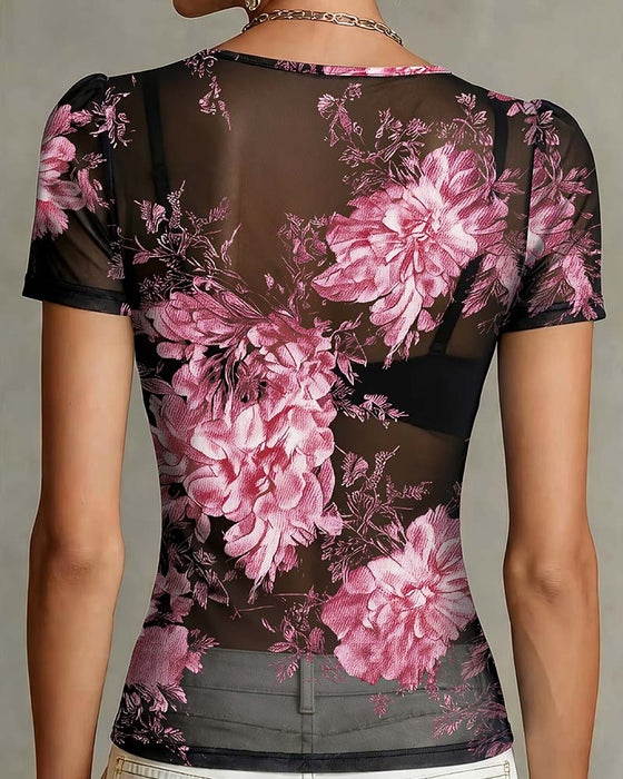T-Shirt Med V-Udskæring Og Blomstermønster Kort Ærme