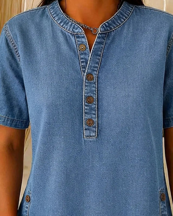 Top Knap-Foran Denim Kort Ærme