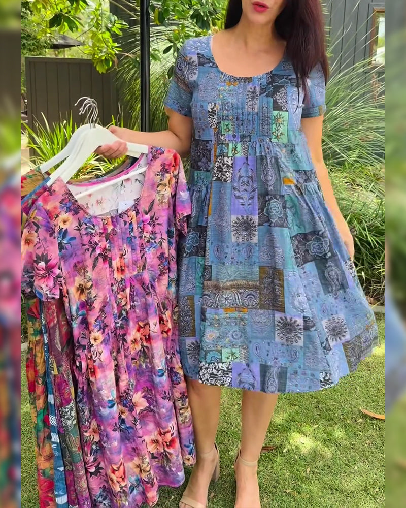 Kjole Rund Hals Plisseret Trykt A-Linje