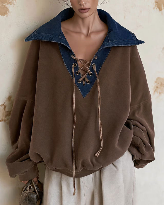 Sweatshirt Revers Denim Patchwork Løs