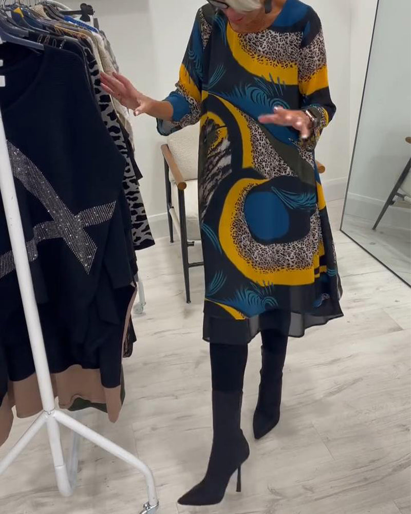 Elegant Trykt Kjole Med Rund Halsudskæring