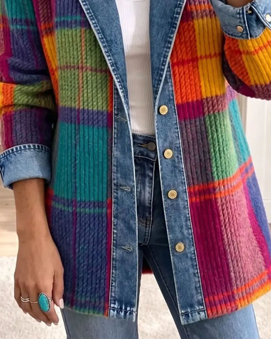 Frakke Reverskrave Knap Ribbet Farveblok Denim Patchwork